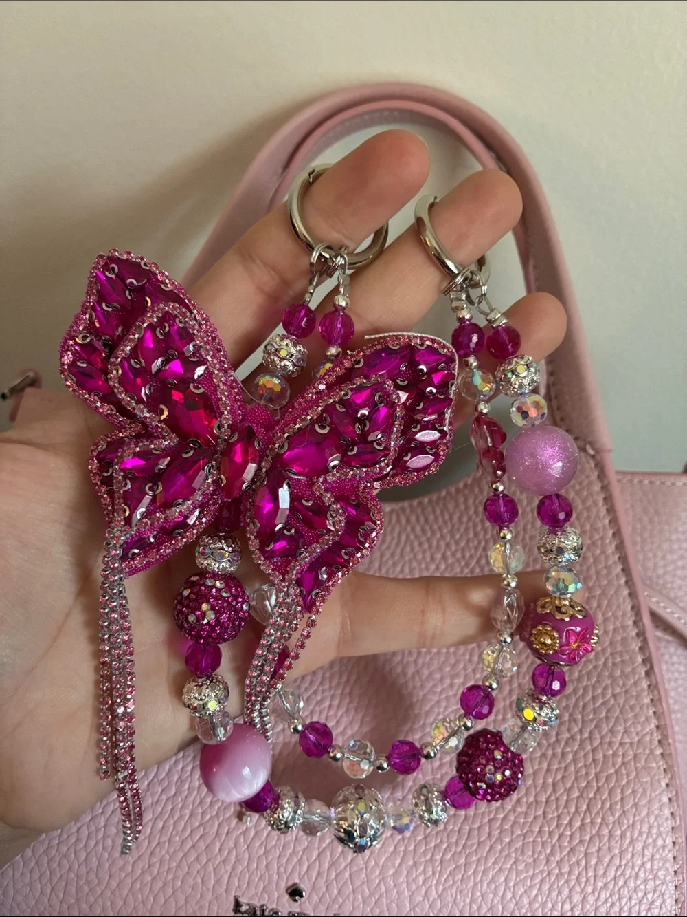 Pink Rhinestone Butterfly Charm Beaded Bag Chain - Picture 2 of 2